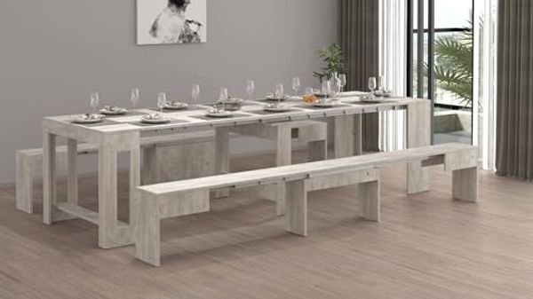 Dmora - Bank Torquato, Set mit 2 Sitzgelegenheiten für den Esstisch, ausziehbare Bänke, 290 x 25 x 45 cm, Zement