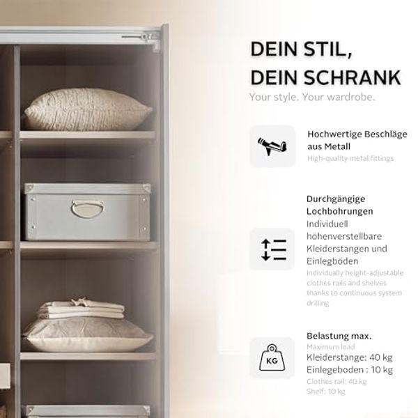 Rauch Möbel Kulmbach, Kleiderschrank mit Schwebetüren für Schlafzimmer, Kinderzimmer, Jugendzimmer, Garderobe, Flur, 3-türig, mit Spiegel, Zubehör Basic, Farbe Grau metallic, Schwarz, Breite 271 cm Bild 5