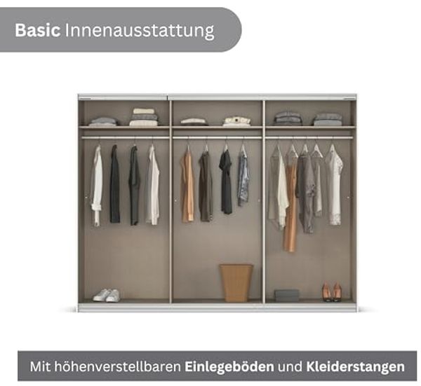 Rauch Möbel Kulmbach, Kleiderschrank mit Schwebetüren für Schlafzimmer, Kinderzimmer, Jugendzimmer, Garderobe, Flur, 3-türig, mit Spiegel, Zubehör Basic, Farbe Grau metallic, Schwarz, Breite 271 cm Bild 7