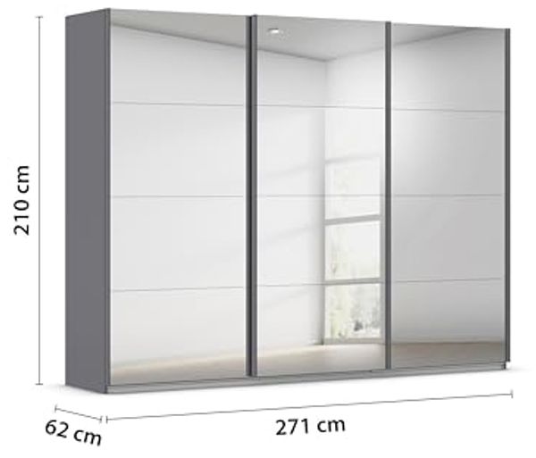 Rauch Möbel Kulmbach, Kleiderschrank mit Schwebetüren für Schlafzimmer, Kinderzimmer, Jugendzimmer, Garderobe, Flur, 3-türig, mit Spiegel, Zubehör Basic, Farbe Grau metallic, Schwarz, Breite 271 cm Bild 3