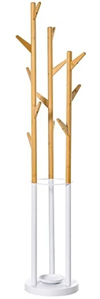 HOMCOM Garderobenständer Kleiderständer mit 12 Haken, (Standgarderobe, 1 St, Schirmständer), Metall Bambus Natur+Weiß 30,5 x 30,5 x 174,5 cm