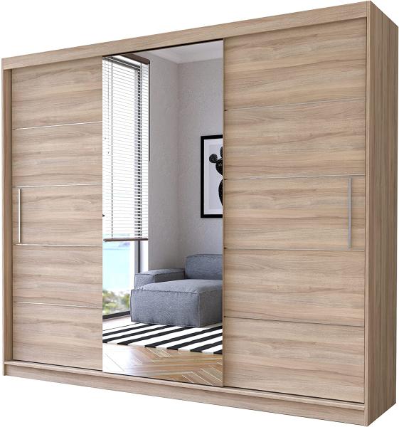 Schwebetürenschrank Alba 250 cm, Schiebetürenschrank mit Spiegel, Kleiderschrank mit Kleiderstange und Einlegeboden, Schlafzimmerschrank, Schiebetüren, Modern Design (Sonoma/Sonoma)