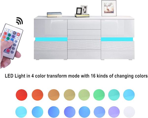 Senvoziii Sideboard Kommode in Hochglanz Weiß Highboard Anrichte Standschrank mit 2 Türen 4 Schubladen und LED Beleuchtung 177 cm Bild 7