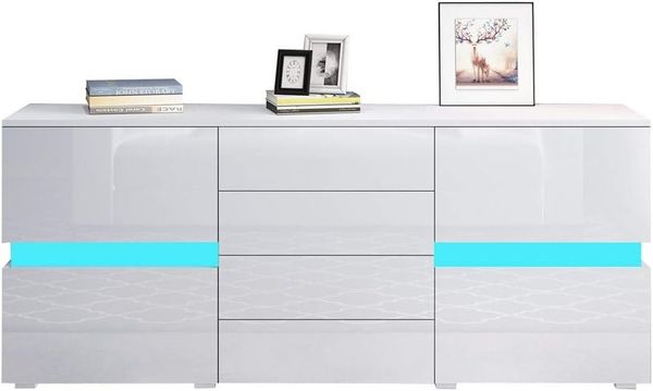 Senvoziii Sideboard Kommode in Hochglanz Weiß Highboard Anrichte Standschrank mit 2 Türen 4 Schubladen und LED Beleuchtung 177 cm Bild 4