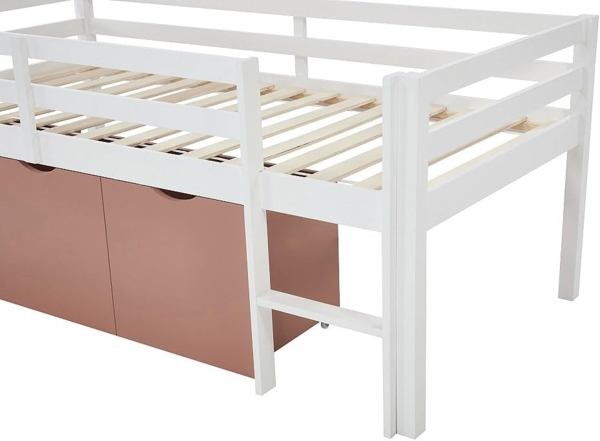 Vente-unique - Halbhohes Bett 90x190 cm – Mit Stauraum + Matratze – Kiefer & MDF – Weiß/Rosa – LANIORI Bild 8
