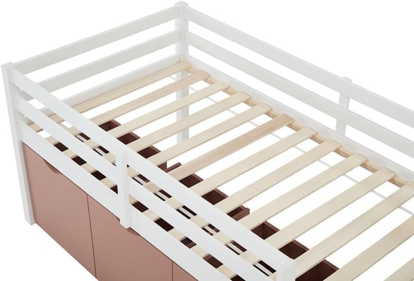Vente-unique - Halbhohes Bett 90x190 cm – Mit Stauraum + Matratze – Kiefer & MDF – Weiß/Rosa – LANIORI Bild 7