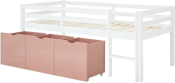Vente-unique - Halbhohes Bett 90x190 cm – Mit Stauraum + Matratze – Kiefer & MDF – Weiß/Rosa – LANIORI Bild 5