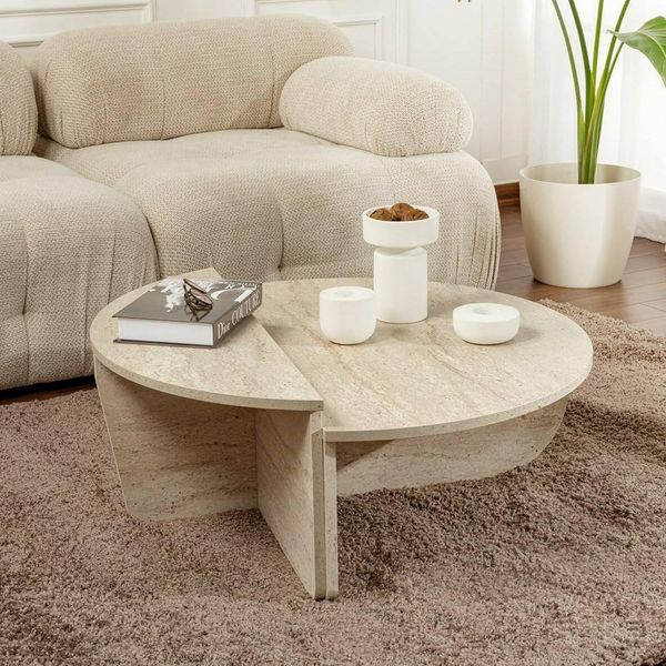Dmora - Wohnzimmertisch Parete, Niedriger Wohnzimmertisch, Kaffeeregal, Couchtisch für Sofa, 90x60 h35 cm, Beige und Marmor