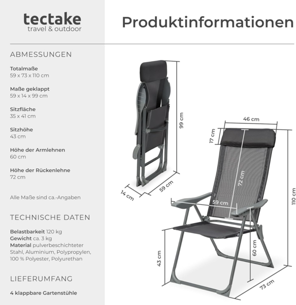 tectake Gartenstuhl 4er Set Gartenstuhl (4er Set, 4 St), klappbar Bild 3