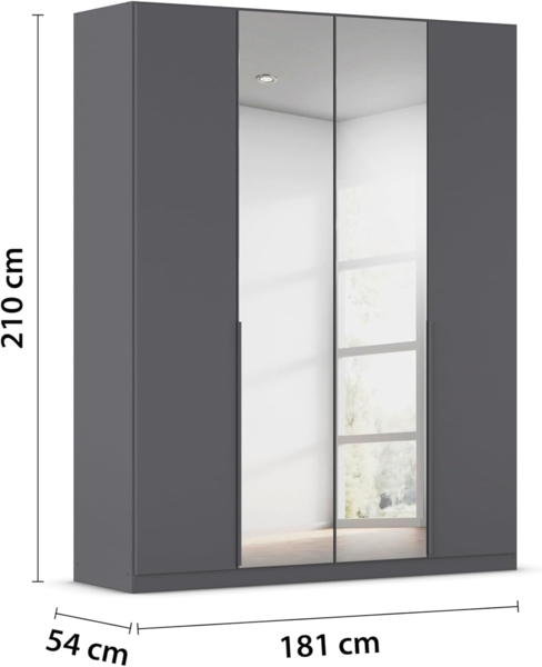 Rauch Möbel Alabama, Kleiderschrank, Garderobenschrank, 4-türig, Spiegel, Zubehör Classic, 2 Kleiderstangen, 5 Einlegeböden, Farbe Grau metallic, Schwarz, Griff Grau metallic, 181 x 210 x 54 cm Bild 3