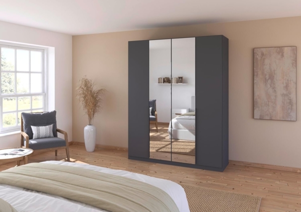 Rauch Möbel Alabama, Kleiderschrank, Garderobenschrank, 4-türig, Spiegel, Zubehör Classic, 2 Kleiderstangen, 5 Einlegeböden, Farbe Grau metallic, Schwarz, Griff Grau metallic, 181 x 210 x 54 cm Bild 2