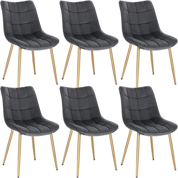 EUGAD 0671BY-6 Esszimmerstühle 6er Set Küchenstuhl Polsterstuhl Retro Design Wohnzimmerstuhl mit Rückenlehne, Samt Sitzfläche, Gold Beine, Grau