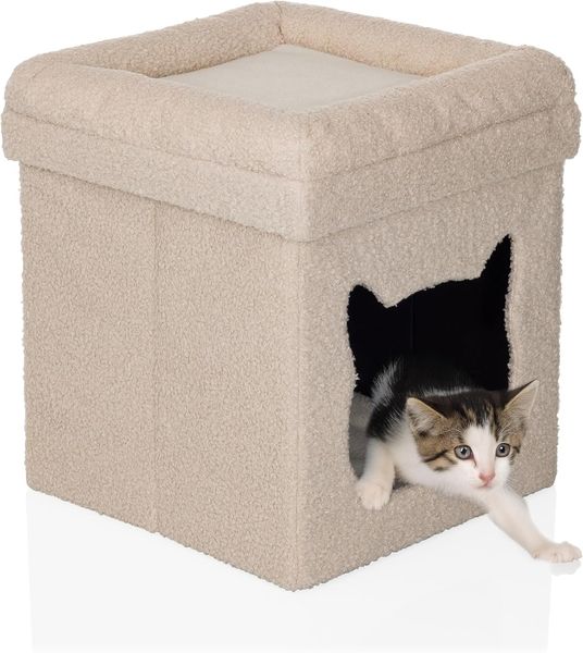 hjh LIVING Tierhaus Katzenhaus PAWY ES Stoff, Faltbares Katzenbett, Robuster Bouclé-Stoff, inkl. Teddy-Kissen