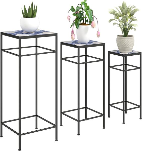 Outsunny Blumenständer 3er-Set, 71 cm hoch, aus Metall, 3 verschieden große (Pflanzenständer, 3 St, Pflanzenregal), für Wohnzimmer, Garten, Balkon, Blau+Weiß