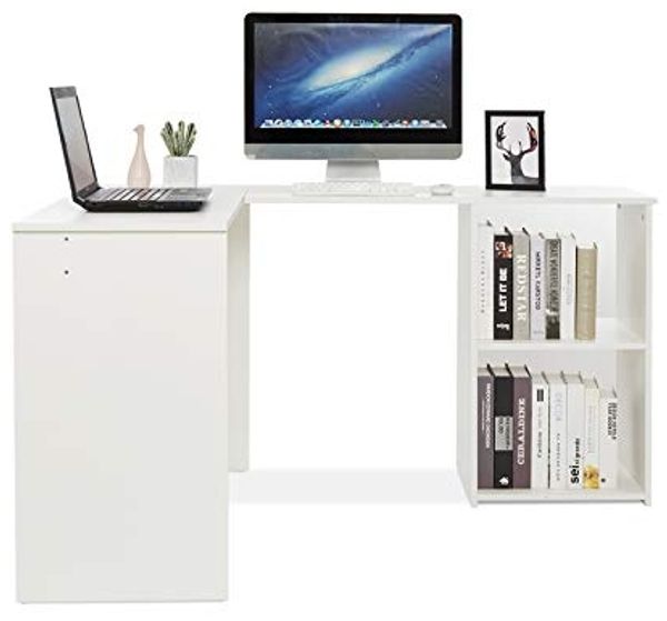 Mondeer Eckschreibtisch, Computertisch L-Förmig Schreibtisch mit 2 Ablagen Großer fürs Arbeitszimmer Wohnzimmer Büro 108×135×73,5 cm (Weiß) Bild 4