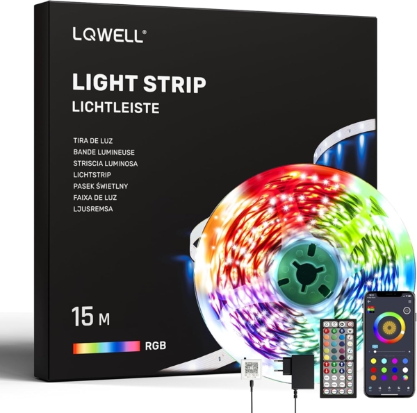 LQWELL LED-Streifen 10-30m LED Strip Licht-Band Leiste RGB einstellbar Fernbedienung App, 360-flammig, 15m Licht-Streifen 360 LEDs 36W Fernbedienung Wohnzimmer Party