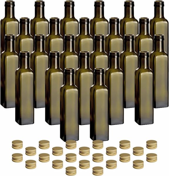 gouveo Trinkflasche Glasflaschen 250 ml Maraska -Antik- mit Schraubdeckel - Flasche 0,25 l, 24er Set, goldfarben