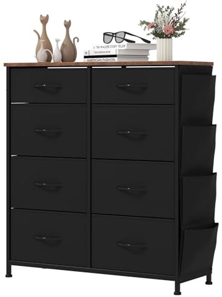 YITAHOME Kommode,Kommode mit 8 Schubladen,Schrank mit Haken und Seitentaschen,Stoffschubladen mit Griffen,Metallgestell,Dauerhaft,Schwarz