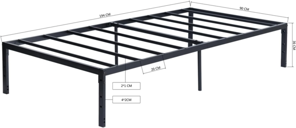 FurnitureR Bettrahmen 90x194 cm Metall Bettrahmen, Modernes Jugendbett mit Lattenrost, Doppelbett, Einzelbett, Schwarz, 36CM H, Kein Kopfboot Bild 2