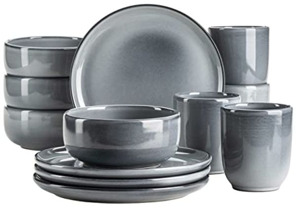Frühstücksgeschirr Set für 4 Personen mit henkellosen Kaffeebechern, moderne nordische Formen, 12-teiliges Service; Grau