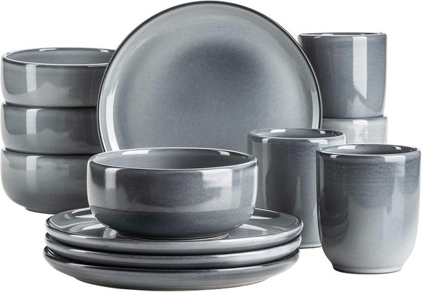 Frühstücksgeschirr Set für 4 Personen mit henkellosen Kaffeebechern, moderne nordische Formen, 12-teiliges Service; Grau