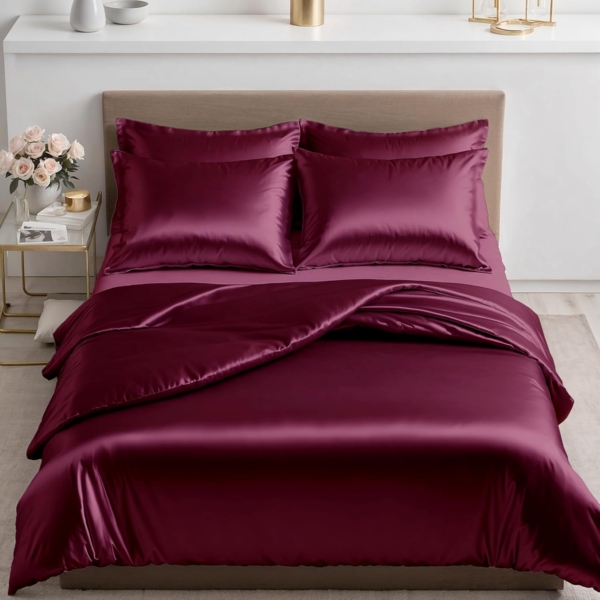 Cozyor Bettwäsche Satin glänzend 135x200, 155x200, 155x220, 200x200cm mit Reißverschluss, Satin, bordeaux Berry, 3 teilig, glänzend Satin, Bettbezug + Kissenbezug 40x80, besonders weich