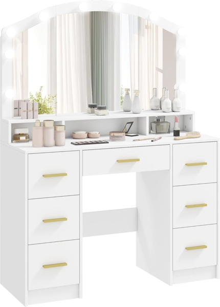HOMCOM Schminktisch mit 10 LED-Hollywood-Lampen, Spiegel, 7 Schubladen, 3 Fächer (Frisiertisch, 1-St, Kosmetiktisch), für Schlafzimmer, Weiß