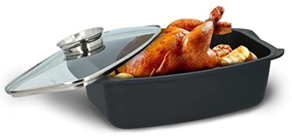 JUNG ALPINA XXL Aluguss Bräter 5,5L mit Glasdeckel, Aromaknopf & Antihaftbeschichtung – Rechteckiger Schmortopf Ofenform Bratentopf Aluminiumguss Ofenfest für Fleisch Gemüse Backofen Herd