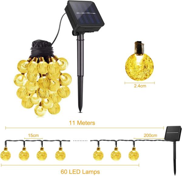 Anmossi Solarlampen für Außen, Solar Lichterkette Aussen,11M 60 LEDs Lichterkette,Warmweiß,8 Modi,Wasserdicht Außen Kugeln Lichterkette für Balkon,Garten,Bäume,Hochzeiten,Partys,Terrasse Bild 2