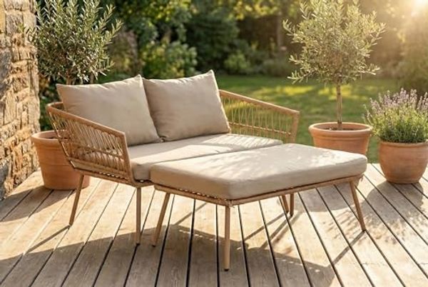 Wohnando Gartenliege Gartensofa "Maike" modernes Loungesofa, Rattan, 126x116x67cm (BxTxH), 1 St, mit Auflage und Kissen grau beige, Gartensonnenliege, Gartenmöbel