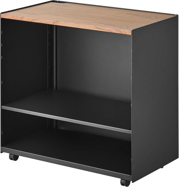 Yamazaki 1425 TOWER Halbgeschlossener Aufbewahrungswagen mit Holzablage, schwarz, Stahl/Holz/Nylon, minimalistisch, 35,3 x 60,3 x 59 cm