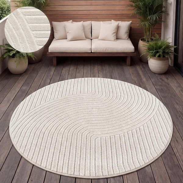 Paco Home Outdoor Teppich Wetterfest Balkon Wohnzimmer Skandinavisches Boho Muster Einfarbig Geometrisch 3D Effekt Moderne Deko, Grösse:160 cm Rund, Farbe:Creme 2
