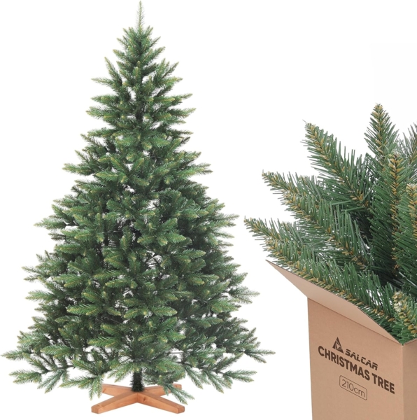 SALCAR 210cm Weihnachtsbaum Künstlich mit Holzständer, PVC Nadeln, Realistischer Christbaum, Hochwertige Dekoration für Innenräume, Einfacher Aufbau
