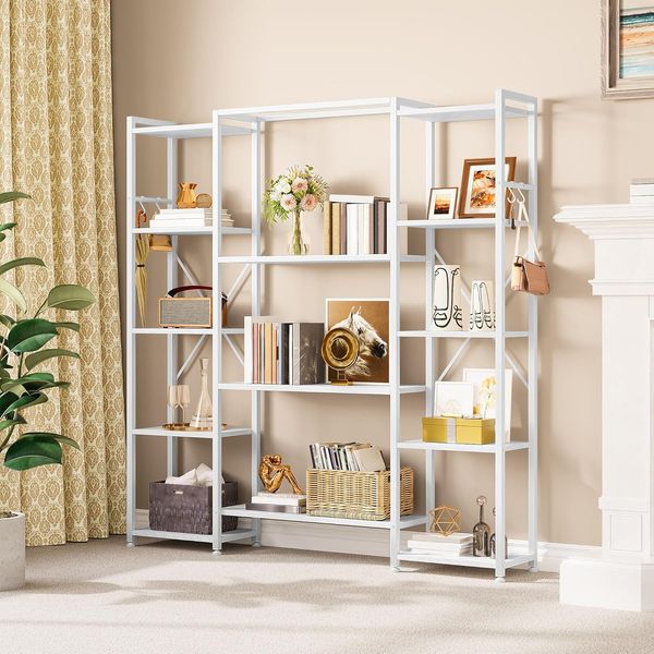 YITAHOME Bücherregal, industrielles Bücherregal mit 13 Regalen, Standregal aus Holz und Metallrahmen, Bücherregal, Präsentationsregal für Wohnzimmer, Heimbüro, Reinweiß