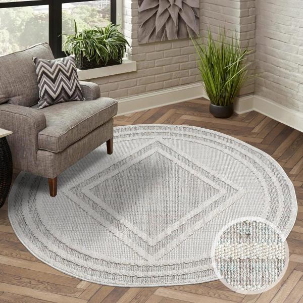 carpet city Teppich Kurzflor Wohnzimmer - Grau, Grün - 120x120 cm Rund - Teppiche Boho-Style - Raute-Optik - Schlafzimmer, Esszimmer