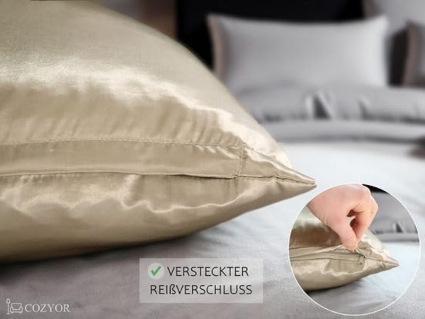 Cozyor Bettwäsche Satin glänzend 135x200, 155x200, 155x220, 200x200 cm mit Reißverschluss, Satin, beige Driftwood, 3 teilig, glänzend Satin, Bettbezug + Kissenbezug 40x80, besonders weich Bild 6