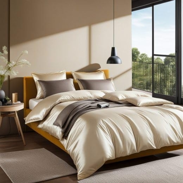 Cozyor Bettwäsche Satin glänzend 135x200, 155x200, 155x220, 200x200 cm mit Reißverschluss, Satin, beige Driftwood, 3 teilig, glänzend Satin, Bettbezug + Kissenbezug 40x80, besonders weich Bild 4