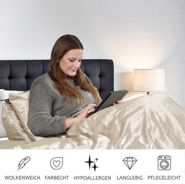 Cozyor Bettwäsche Satin glänzend 135x200, 155x200, 155x220, 200x200 cm mit Reißverschluss, Satin, beige Driftwood, 3 teilig, glänzend Satin, Bettbezug + Kissenbezug 40x80, besonders weich Bild 5