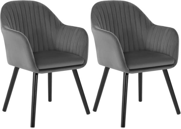 WOLTU Esszimmerstühle BH259dgr-2 2er Set Küchenstuhl Wohnzimmerstuhl Polsterstuhl Design Stuhl mit Armlehne, Sitzfläche aus Samt, Gestell aus Massivholz, Schwarze Beine, Dunkelgrau