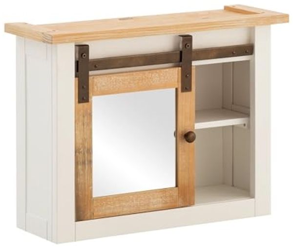 Spiegelschrank Capera 70x53x25cm Massivholz Weiß/Braun Schiebetür Stauraum Badschrank rustikal
