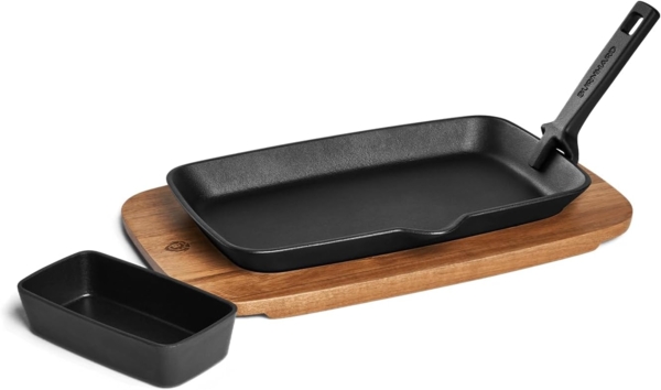 BURNHARD® Grillpfanne Gusseisen Fajita Pfanne mit Servierbrett, Fajita Pfanne mit Akazienholz Servierbrett, Dipschale und Griffstück