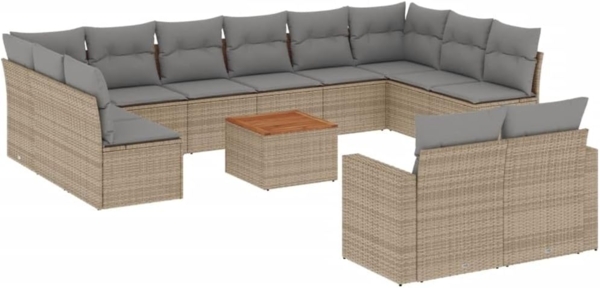 vidaXL 13-tlg. Garten-Sofagarnitur mit Kissen Beige Poly Rattan 3224358