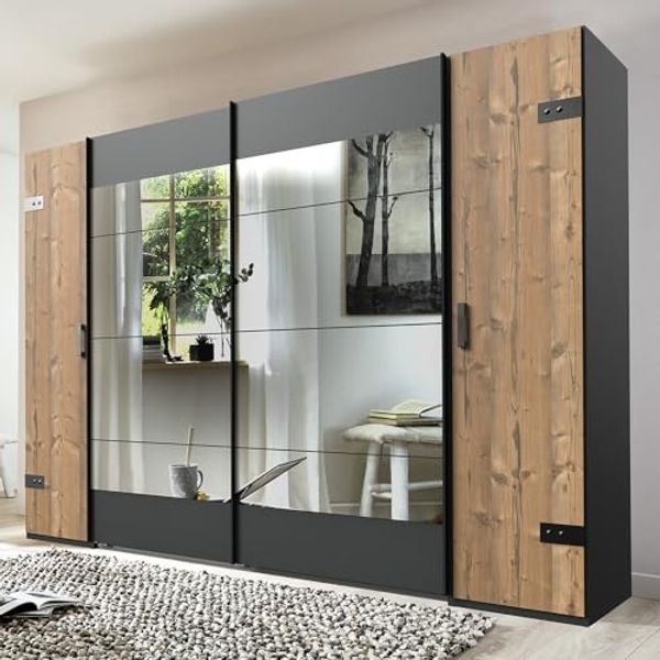 Lomadox Kleiderschrank SUNDERLAND-43 graphit grau Fichte Schwebetüren Spiegel Industrial Style 272x208x65cm