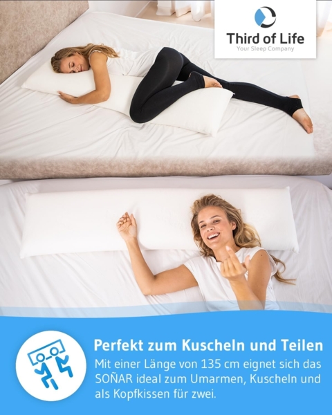 Third of Life Ergonomisches Seitenschläfer-Kissen SOÑAR | Orthopädisches Lagerungskissen aus Visco-Schaum und Nacken-Stützkissen für Paare | Hypoallergen | Aloe Vera Kissen-Bezug | 135 x 33 x 12 cm Bild 3