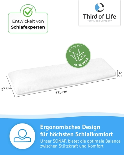 Third of Life Ergonomisches Seitenschläfer-Kissen SOÑAR | Orthopädisches Lagerungskissen aus Visco-Schaum und Nacken-Stützkissen für Paare | Hypoallergen | Aloe Vera Kissen-Bezug | 135 x 33 x 12 cm Bild 2