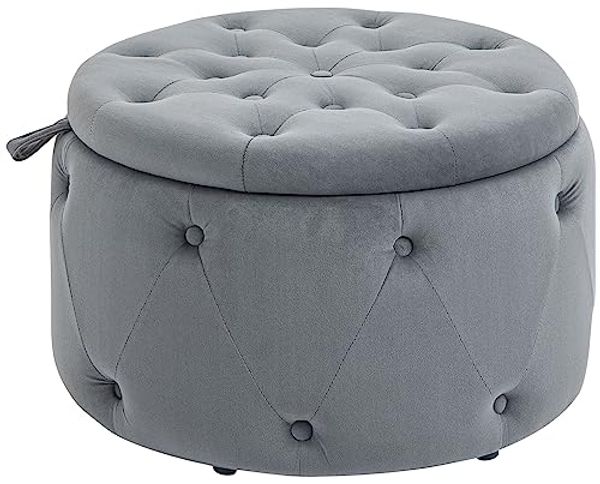 HOMCOM Sitzbank Polsterhocker mit Deckel für Wohnzimmer (Aufbewahrungshocker, 1-St, Sitztruhe), Grau, Ø60 x 40 cm