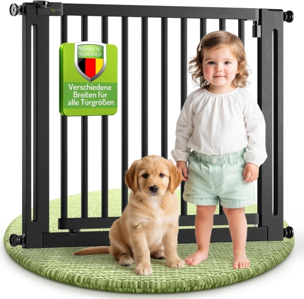 BOMI Türschutzgitter Kinderschutzgitter Miko 63-161 cm Schwarz, Babygitter Ohne Bohren - 90 Grad Feststellfunktion der Tür