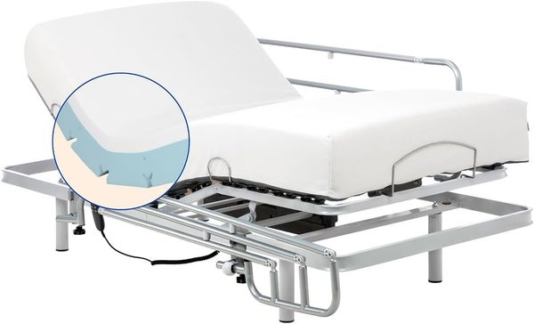Gerialife® Elektrisches Gelenkbett, verstärkt mit viskoelastischer Matratze von 20 cm, kühler und weicher Stoff, Doppelmotor (105x190 cm, Fernbedienung über Kabel + Geländer)