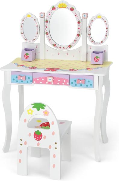 COSTWAY Kinder Schminktisch Set, Prinzessin Frisiertisch mit Klappbarem Spiegel, Schminkhocker und 3 Schubladen, Make-up Schminktisch Frisierkommode für Kinder Mädchen (Weiß)