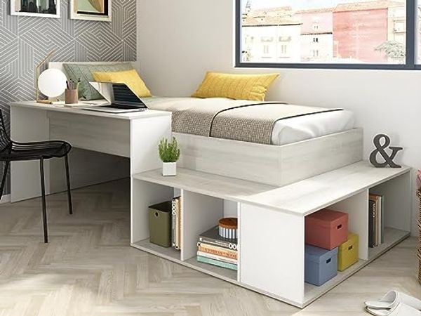 Vente-unique - RIGALI Bett Holz, Platte BeigeWeiß - B 128,8 cm x H 100,5 cm x L 204,4 cm233,2 cm